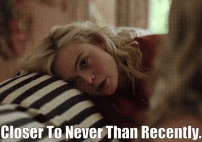 A Woman Laying On A Bed With The Words " Closer To Never Than Recently " Below Her GIF