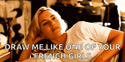 A Woman Laying On A Bed With The Words Draw Me Like One Of Your French Girls Below Her GIF
