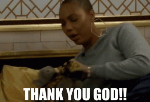 A Woman Laying On A Bed With The Words Thank You God On The Bottom GIF