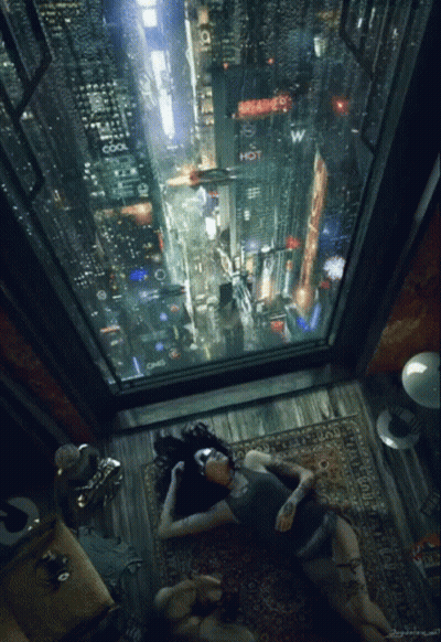A Woman Laying On The Floor In Front Of A Window With A Sign That Says Steamer Hot GIF