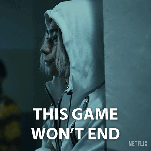 A Woman Leaning Against A Wall With The Words " This Game Won 'T End " On The Bottom GIF