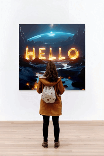 A Woman Looking At A Painting That Says Hello On It GIF