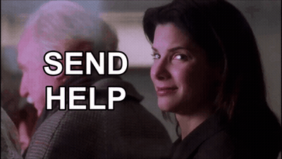 A Woman Looking At An Older Man With The Words Send Help Written Above Her GIF