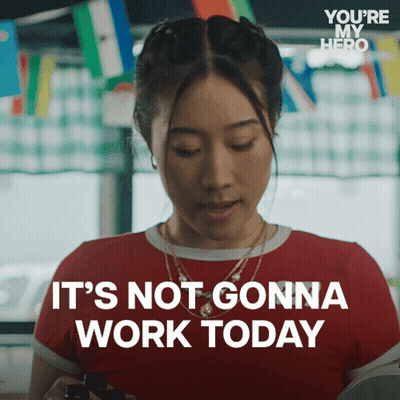 A Woman Looking At Her Phone With The Words " It 'S Not Gonna Work Today " GIF