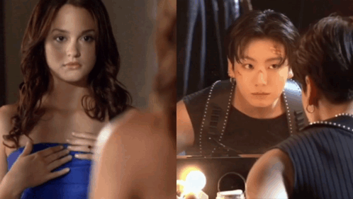 A Woman Looking At Herself In A Mirror And A Man Looking At Himself In A Mirror GIF