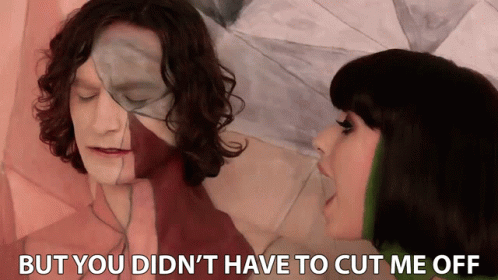 A Woman Looks At A Man 'S Face With The Words " But You Didn 'T Have To Cut Me Off " Below It GIF
