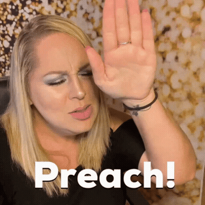 A Woman Making A Face With Her Hand And The Words Preach Written Below Her GIF