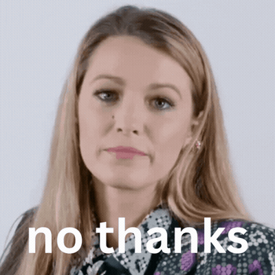 A Woman Making A Face With The Words " No Thanks " Written Below Her GIF