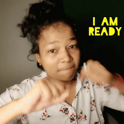 A Woman Making A Funny Face With The Words I Am Ready Behind Her GIF