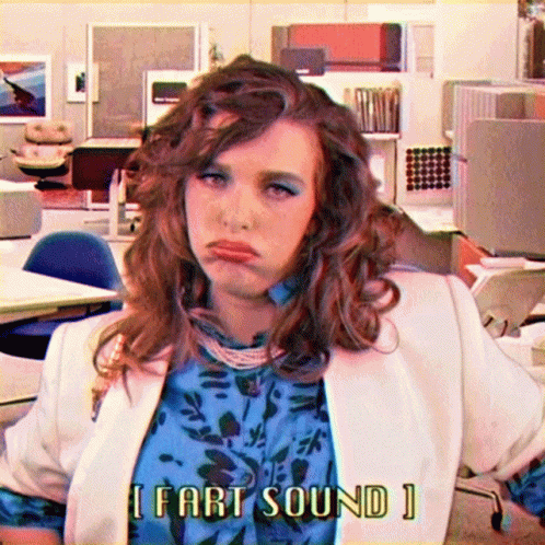 A Woman Making A Funny Face With The Words " I Fart Sound 1 " On The Bottom GIF
