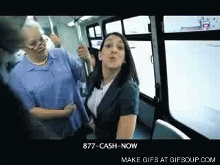 A Woman On A Bus With The Number 877-Cash-Now GIF