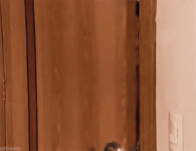 A Woman Peeking Out Of A Wooden Door With Editsmalte Written Below Her GIF