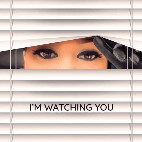 A Woman Peeking Through Blinds With The Words " I 'M Watching You " Written Below Her GIF