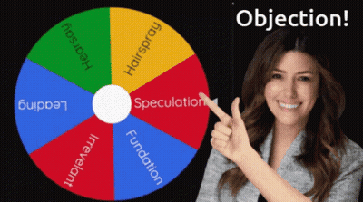 A Woman Pointing At A Spinning Wheel That Says Objection On It GIF