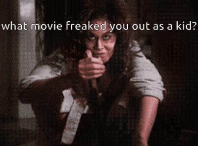 A Woman Pointing At The Camera With The Words What Movie Freaked You Out As A Kid GIF
