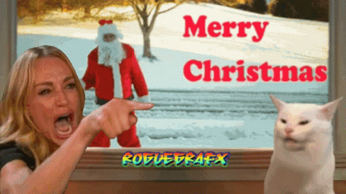 A Woman Points At A Picture Of Santa And The Words Merry Christmas Behind Her GIF