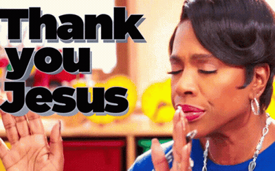 A Woman Praying With The Words Thank You Jesus Written Above Her GIF
