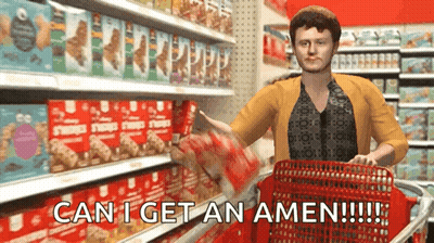 A Woman Pushing A Shopping Cart In A Grocery Store With The Words Can I Get An Amen Written On The Bottom GIF