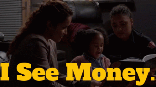 A Woman Reading A Book To Two Children With The Words I See Money GIF