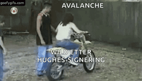 A Woman Riding A Dirt Bike With The Words Avalanche Wild Etter Hughes-Signing GIF