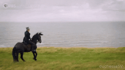 A Woman Riding A Horse In A Field With The Words Duchessasv On The Bottom Right GIF