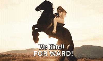 A Woman Riding A Horse With The Words We Ride For Ward Written Below Her GIF