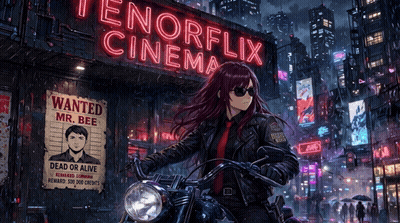 A Woman Riding A Motorcycle In Front Of A Neon Sign That Says Tenerflix Cinema GIF