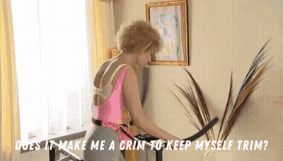 A Woman Riding A Treadmill With The Words " Does It Make Me A Grim To Keep Myself Trim " GIF