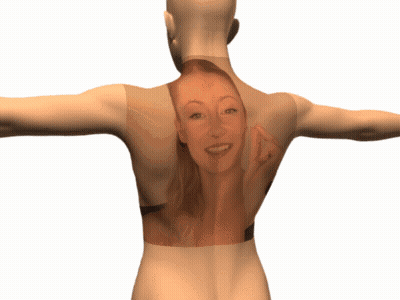 A Woman 'S Back Is Shown With A Picture Of Her Face On It GIF