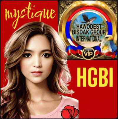 A Woman 'S Face Is On A Red Background With The Words Mystique And Habudest Bisdak Group International GIF