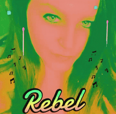 A Woman 'S Face Is Surrounded By Music Notes And The Word Rebel Is On The Bottom GIF