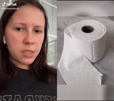 A Woman 'S Face Next To A Roll Of Toilet Paper That Says Tiktok GIF