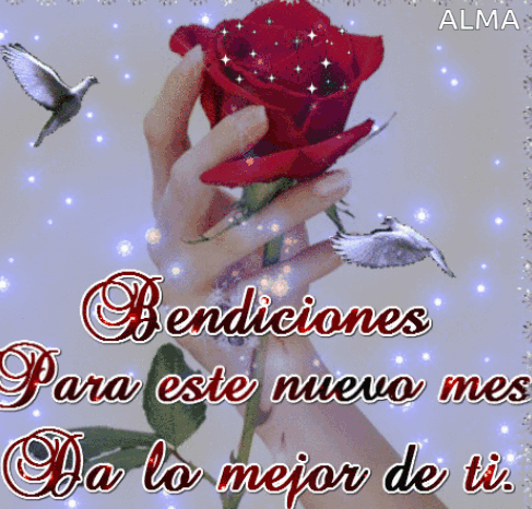 A Woman 'S Hand Holding A Red Rose With The Words Bendiciones Para Este Nuevo Mes GIF