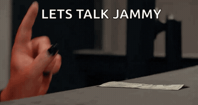A Woman 'S Hand Is Pointing At A Dollar Bill That Says Let 'S Talk Jammy On It GIF