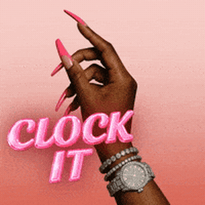 A Woman 'S Hand With Long Pink Nails And A Watch Has The Words Clock It Above It GIF