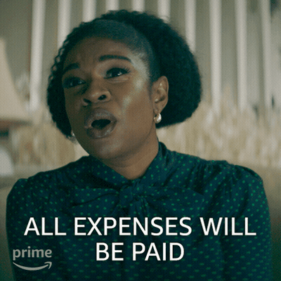 A Woman Says All Expenses Will Be Paid In A Green Shirt GIF