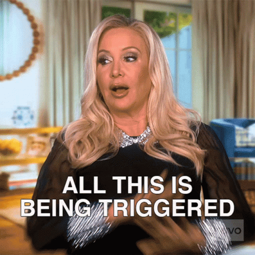 A Woman Says " All This Is Being Triggered " In Front Of A Living Room GIF