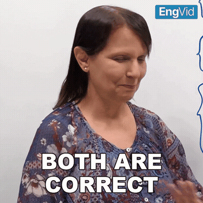 A Woman Says Both Are Correct In Front Of A Sign That Says Engvid GIF