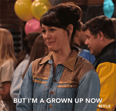 A Woman Says " But I 'M A Grown Up Now " In Front Of Balloons GIF