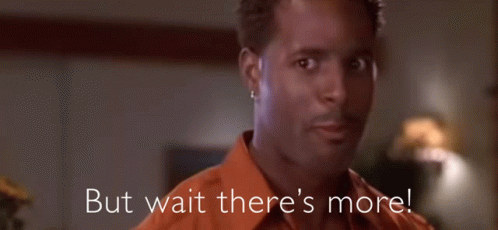 A Woman Says " But Wait There 'S More " In Front Of A Shelf GIF