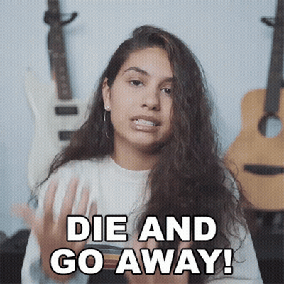 A Woman Says " Die And Go Away " In Front Of A Guitar GIF