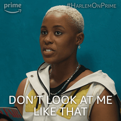 A Woman Says " Don 'T Look At Me Like That " While Wearing A White Jacket GIF