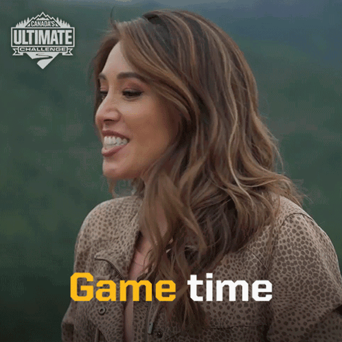 A Woman Says Game Time In Front Of A Canada 'S Ultimate Challenge Banner GIF
