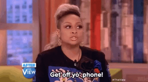 A Woman Says Get Off Yo ' Phone On A Television Show . GIF