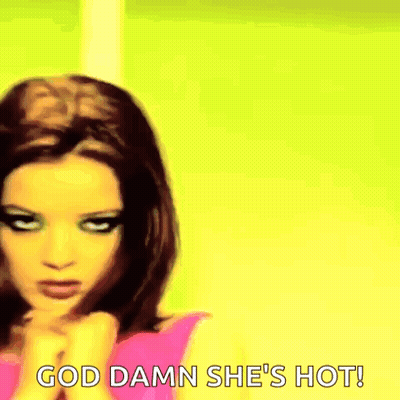 A Woman Says God Damn She 'S Hot On A Yellow Background . GIF