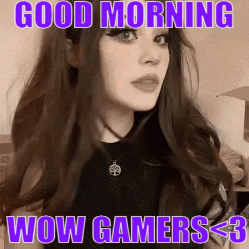 A Woman Says Good Morning Wow Gamers < 3 In Purple GIF