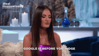 A Woman Says Google It Before You Judge While Sitting On A Couch GIF