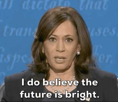 A Woman Says " I Do Believe The Future Is Bright " In Front Of A Blue Background GIF