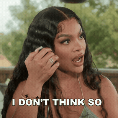 A Woman Says I Don 'T Think So While Holding Her Hair GIF