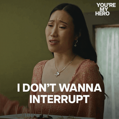 A Woman Says I Don T Wanna Interrupt In A You 'Re My Hero Ad GIF